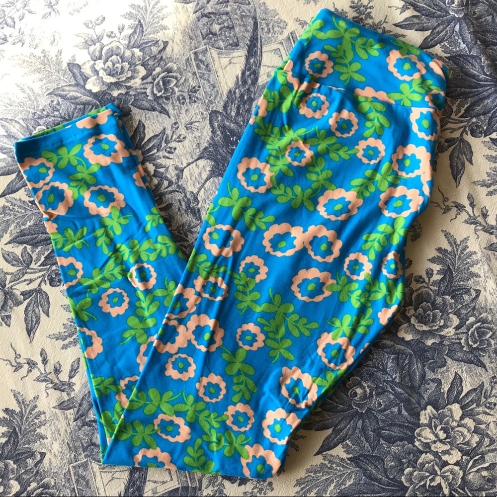 LuLaRoe One Size Floral Print Leggings Women's Blue Green and Pink Tights OSFM